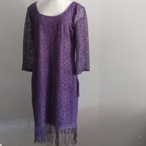 Tiana B NWT Purple fringe mesh lace overlay cocktail party shift midi dress sz12